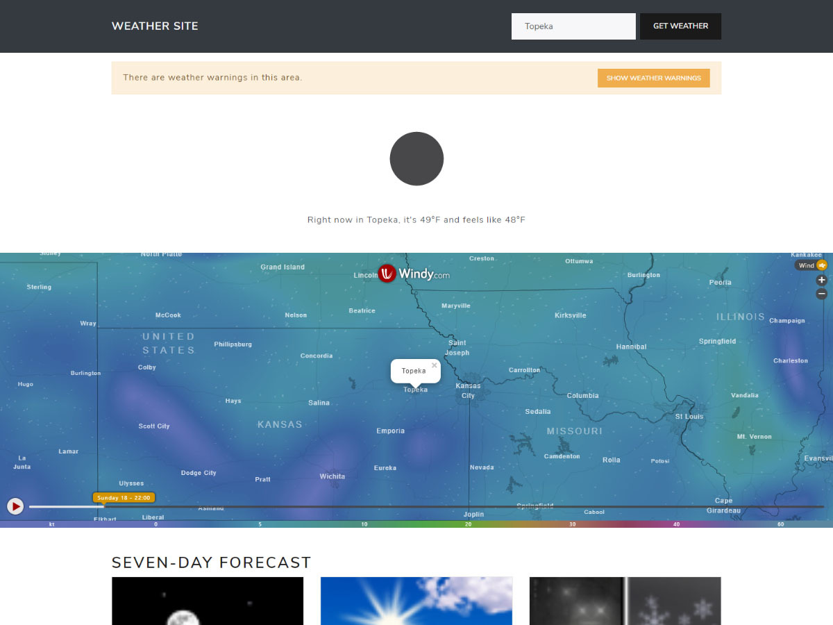 Weather website screenshot showing a weather warning, temperature map, and multi-day forecast