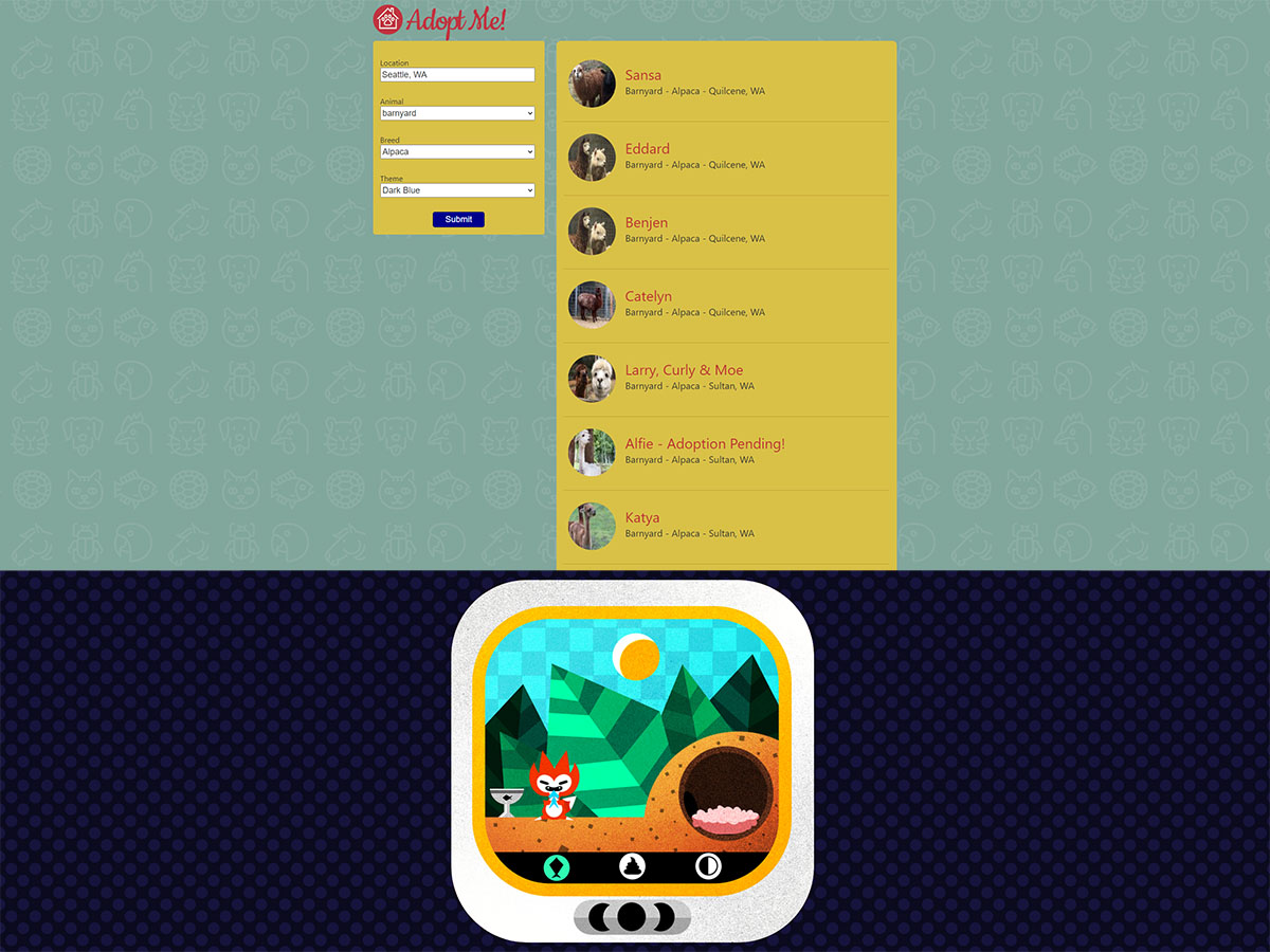 Split screenshot with a pet adoption site on top and an interactive pet game on the bottom